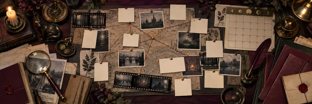 An illustrated production evidence desk with photographs, film strips and connecting thread