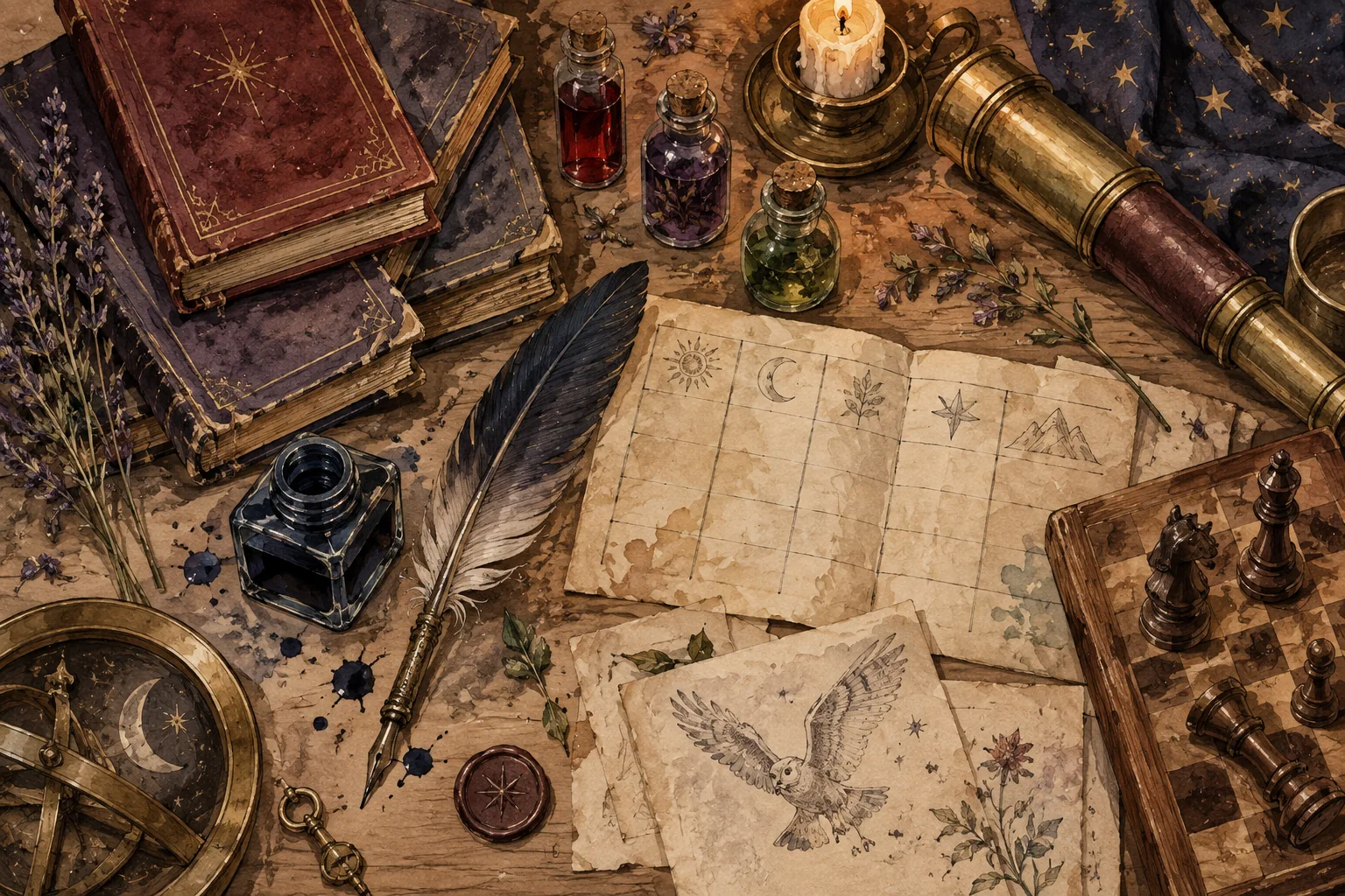 Original watercolour study of books, quill, telescope, potion bottles and wooden chess pieces